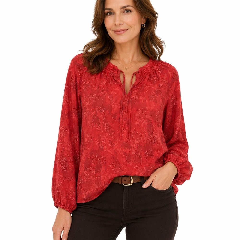 Zac & Rachel Peasant‎ Floral Jacquard Blouse Red Boho Smocked Metallic Size M